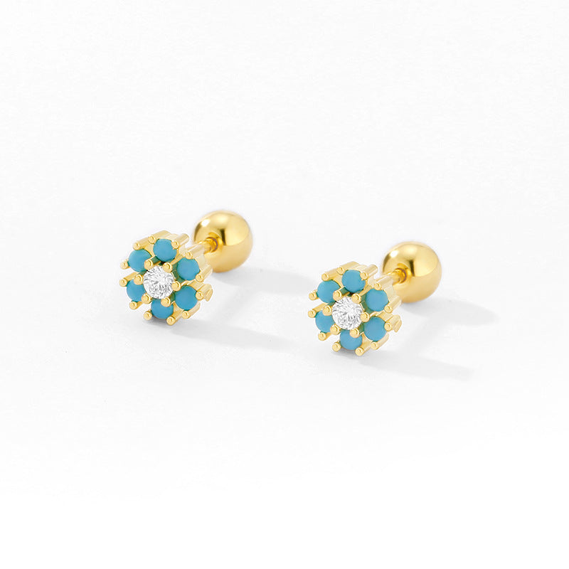 Women's Ear Inlaid Color Zircon Flower Screw Exquisite Small Rings