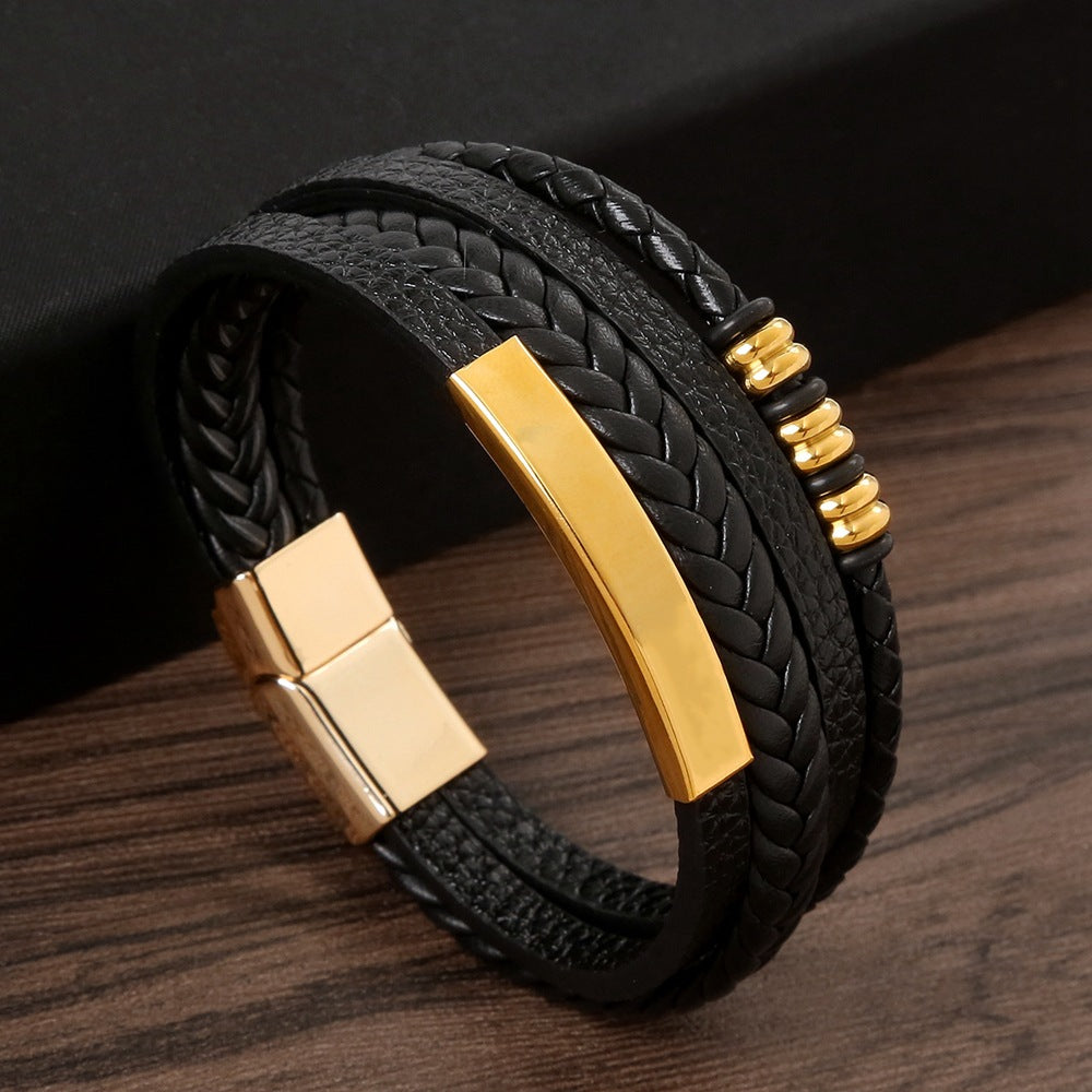 Men's Steel Magnetic Buckle Leather Cowhide String Bracelets