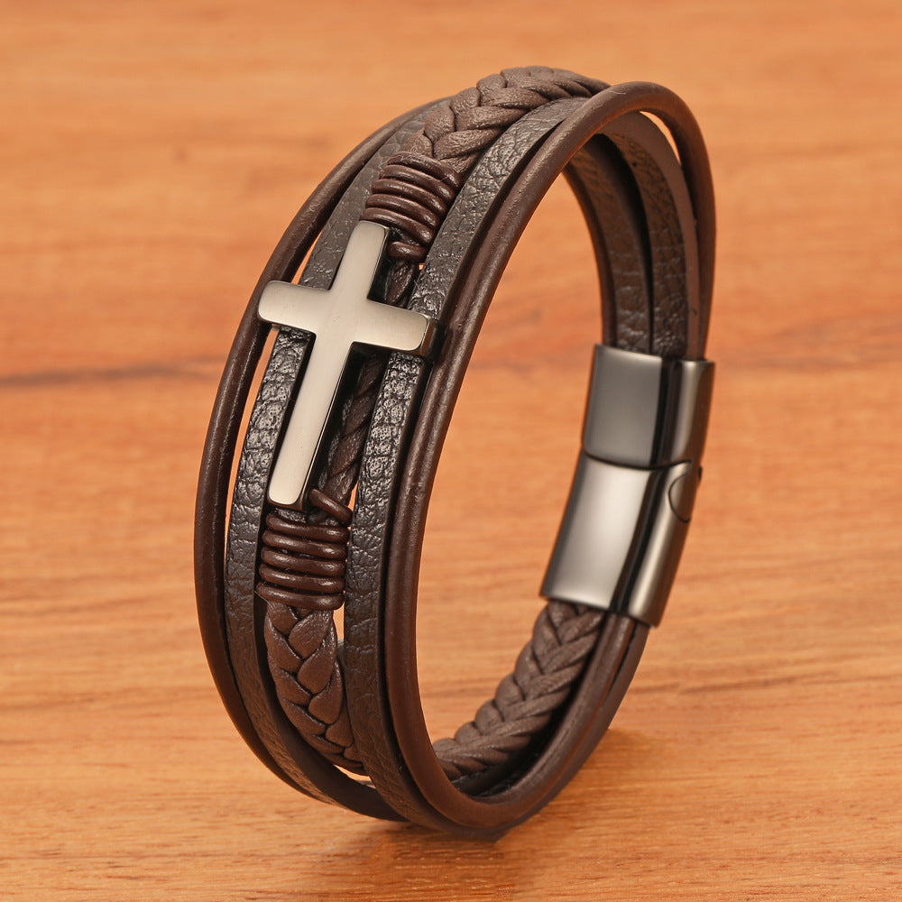 Men's Coffee Color Leather Cross Rope Woven Stainless Steel Genuine Bracelet