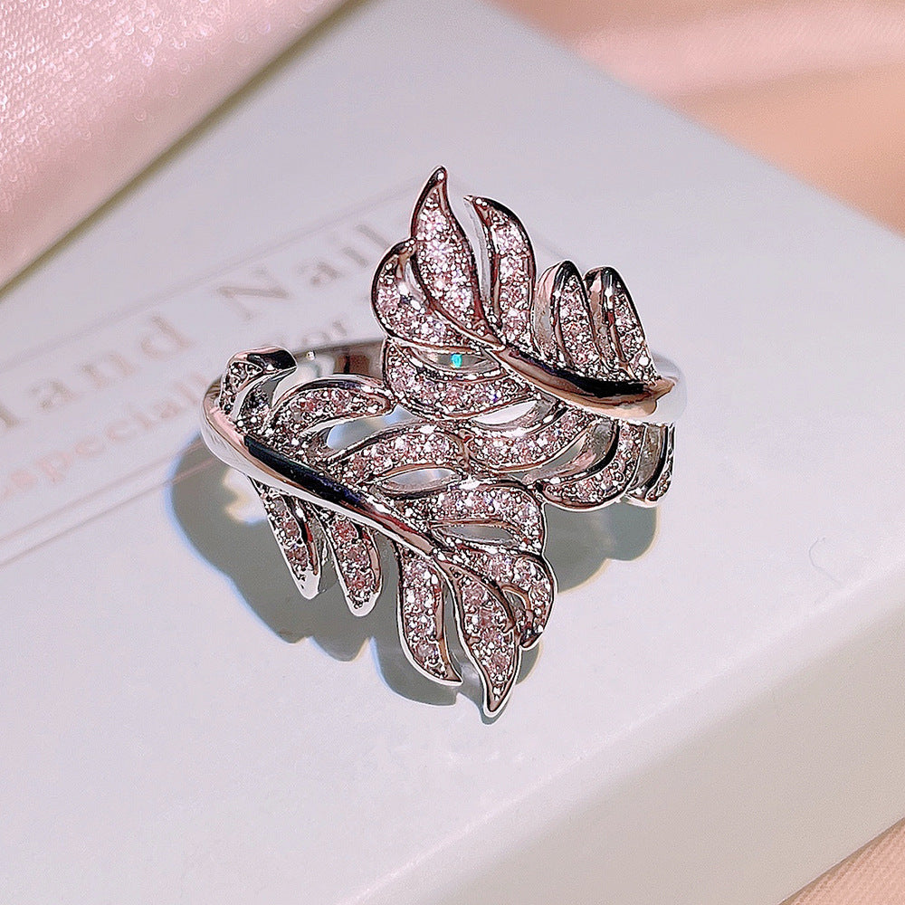 Live Zircon Ornament Fashion Leaf Size Rings