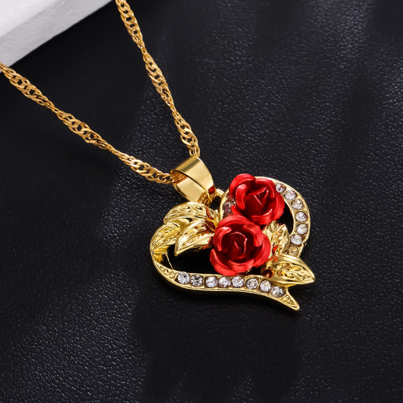 Unique Heart-shaped Red Rose Fashion Diamond Necklace