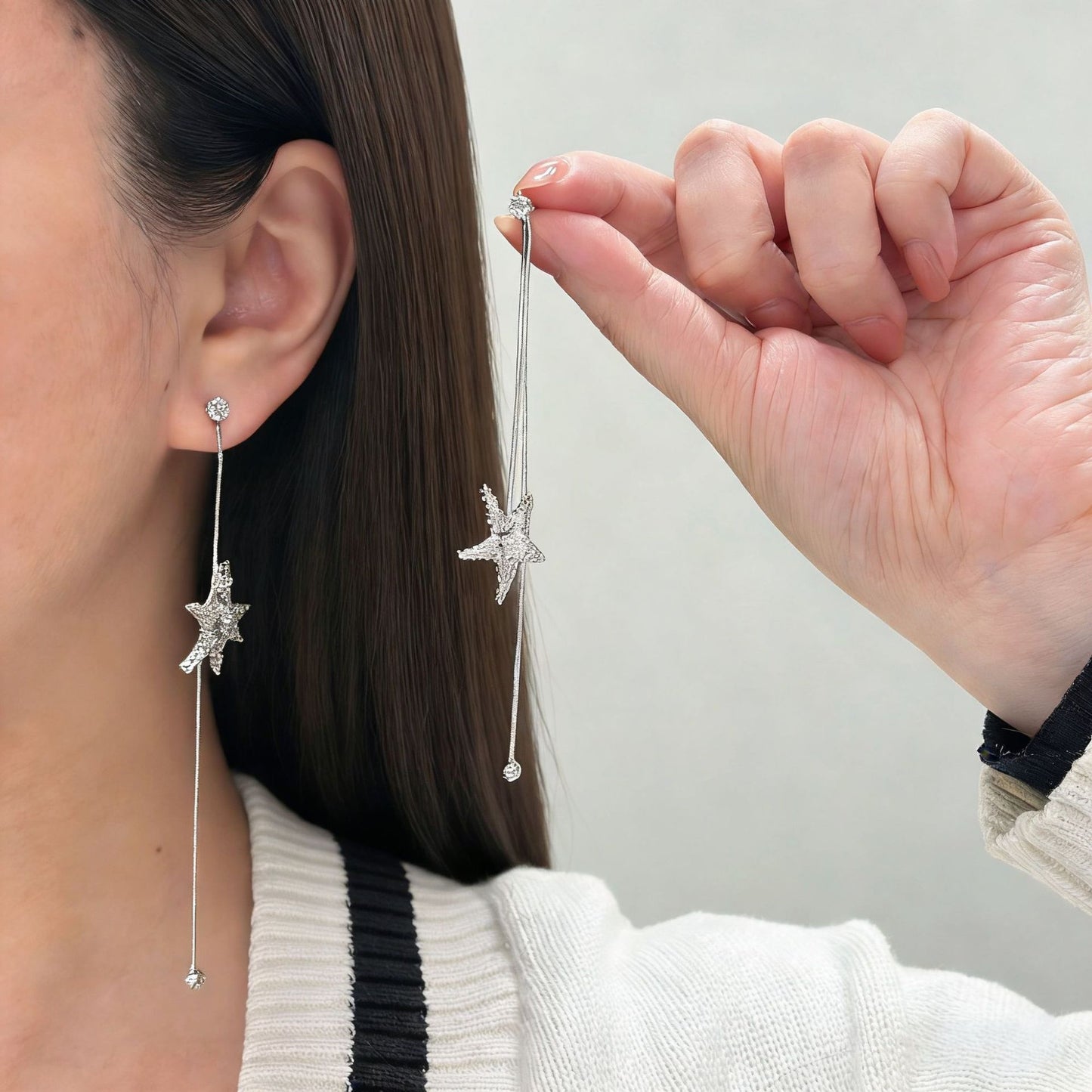 Women's Diamond Star Tassel Square Round Face Small Long Stud Earrings