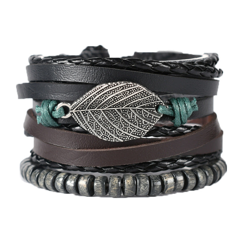 Handmade Woven Leather Punk Wristband Alloy Bracelets