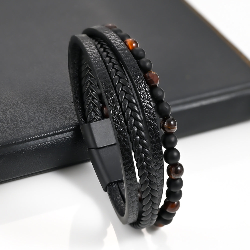 Men's Woven Natural Stone Alloy Leather Beaded Bracelets