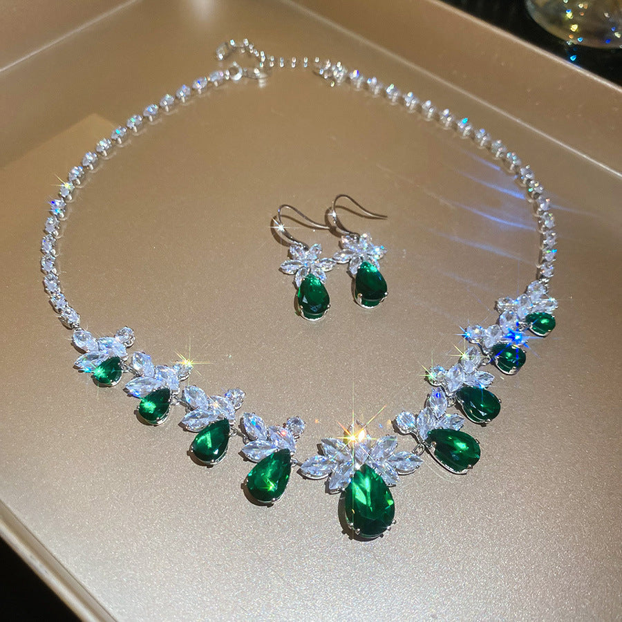 Flower Female Emerald Vintage Clavicle Chain Earrings