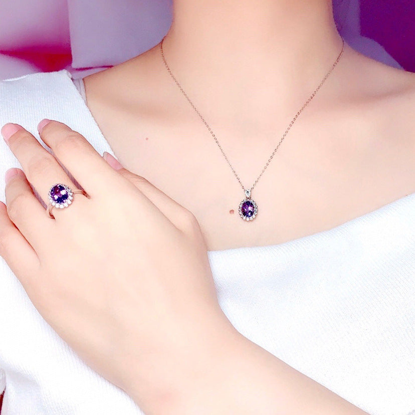Women's Korean Elegant Oval Amethyst Colored Gems Open Jewelry Set