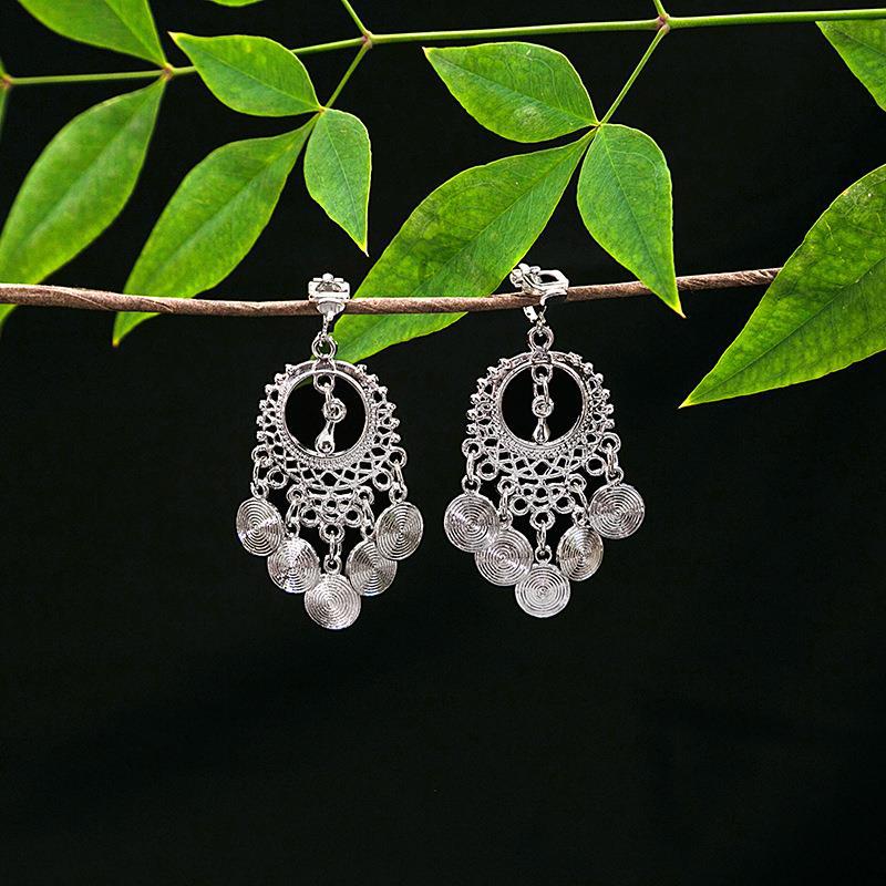 Women's Ethnic Geometric Tassel Ear Clip Miao Sier Retro Elegant Earrings