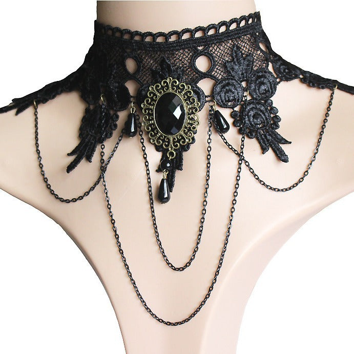 Wide Exaggerated Tassel Party Queen Gem Black Necklace