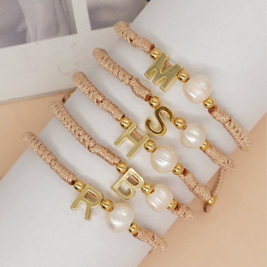 Bracelets en perles naturelles avec lettres anglaises en métal pour femmes