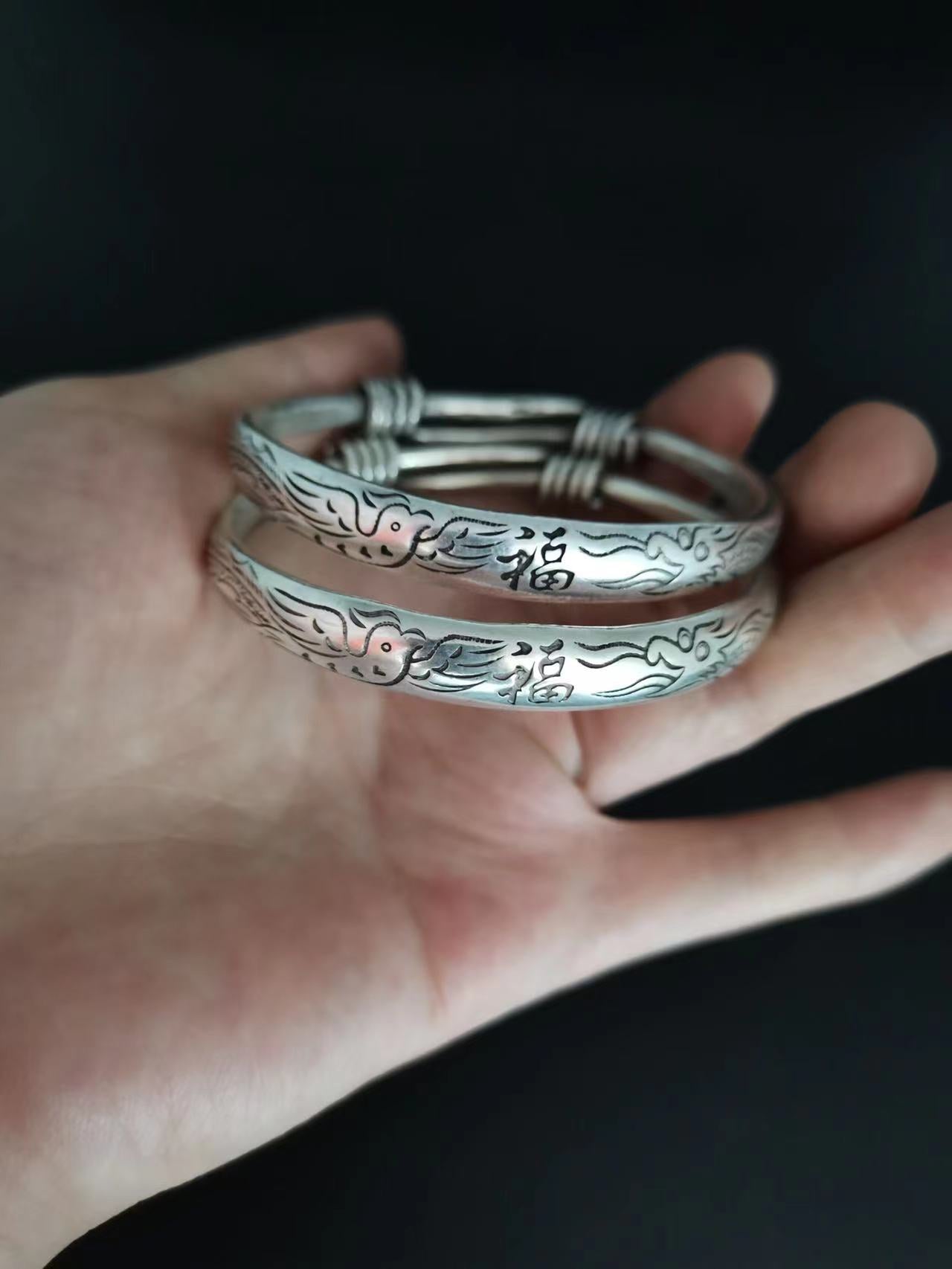 Tibetan Sier Miao Vintage Ethnic Style Fu Lu Shou Plated Bracelet