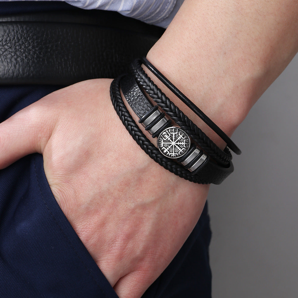 Herren-Leder-String-Mode-Punk-Trend-Kompass-Armbänder