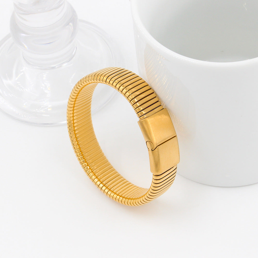 Decorative Stainless Steel Finishing Polish Magnetic Snap Elastic Wide Surface Bracelets