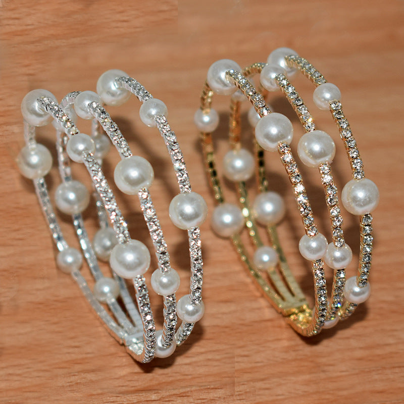Women's Fashion Exaggerated Rhinestone Pearl Open-ended Temperament Bracelet