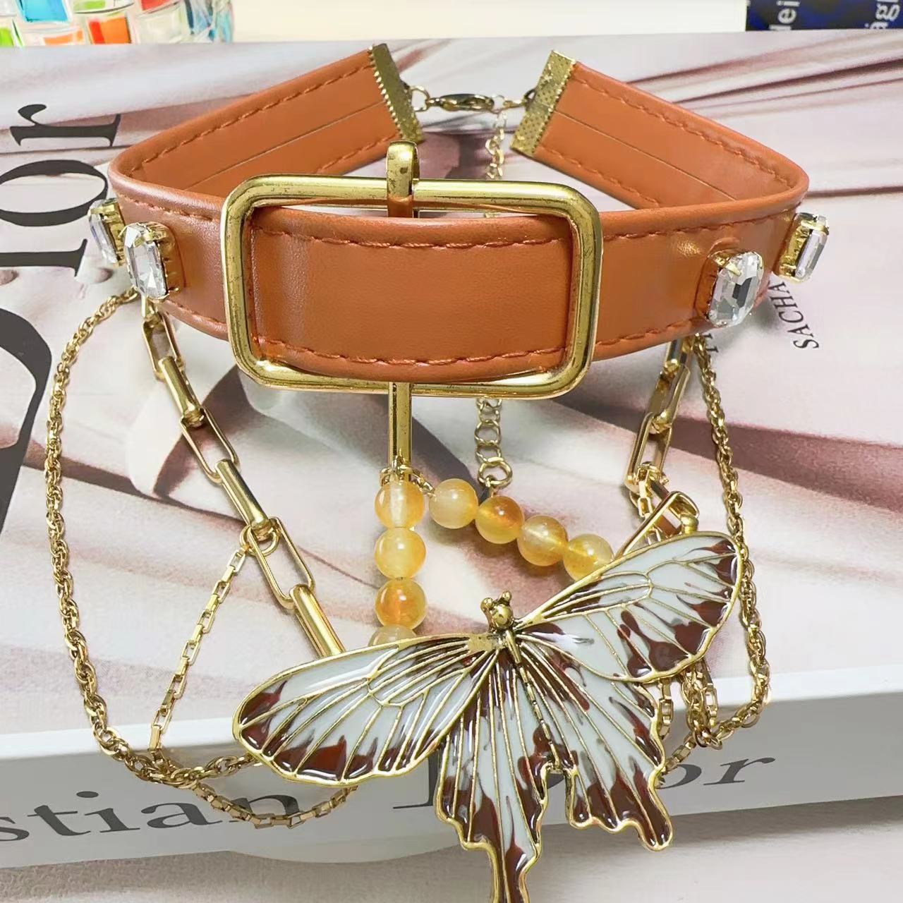 Trendy Cool Hot Butterfly Tassel Diamond Leather Chain Necklaces