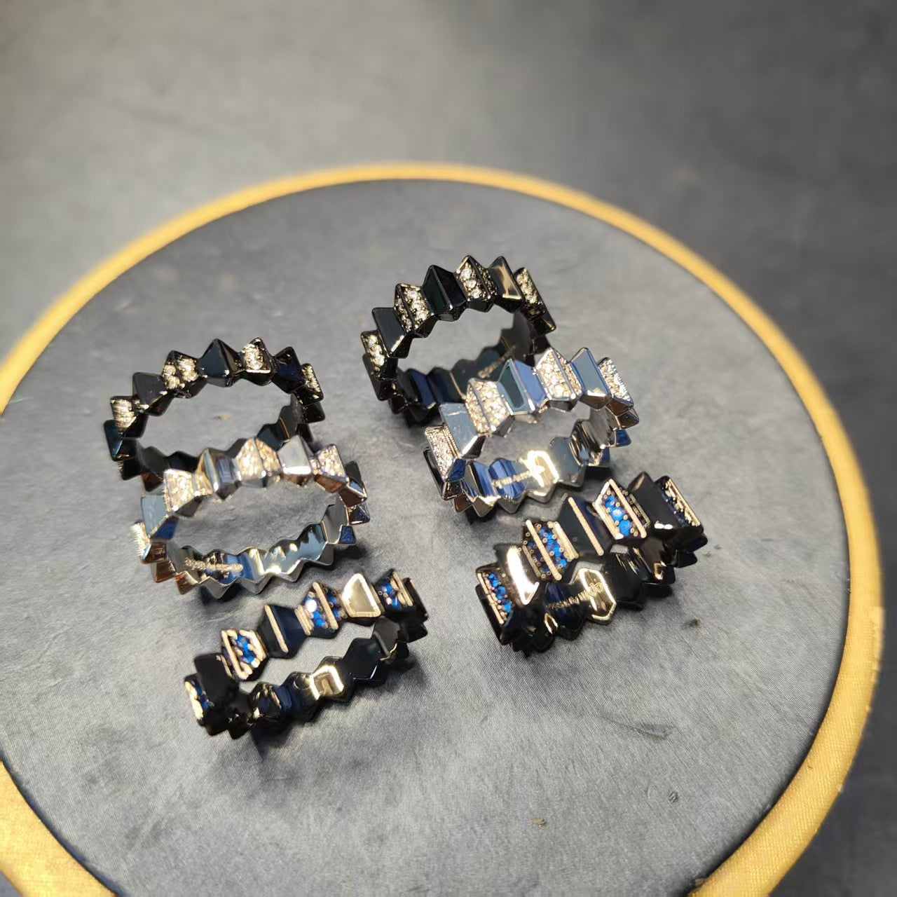 White Diamond Couple Wave Black Gold Rings