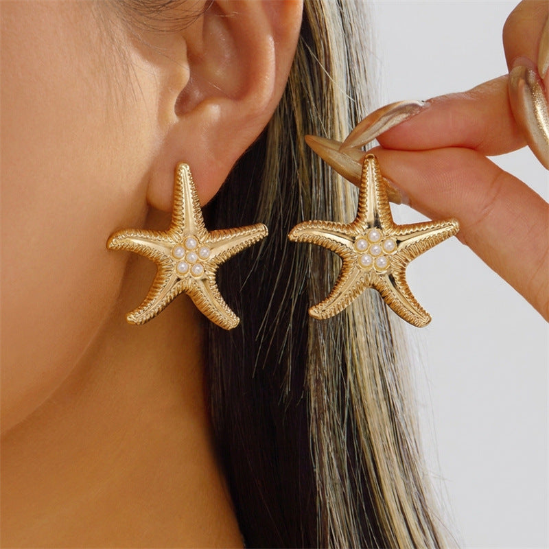 Ocean Style Starfish Scallop Conch Pearl Earrings