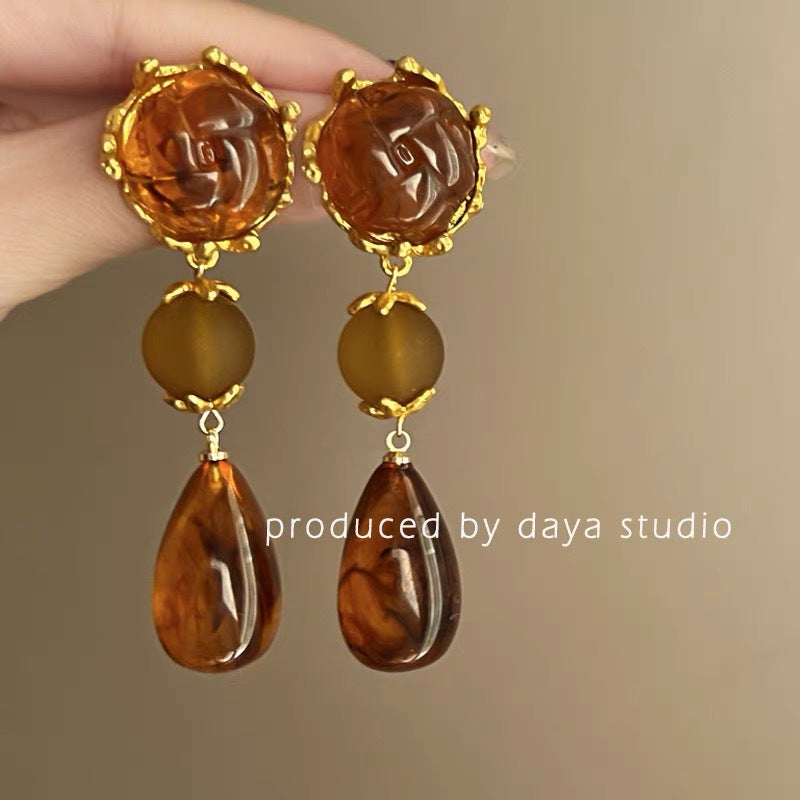 Style Amber Resin Drop-shaped Long Elegant High Earrings