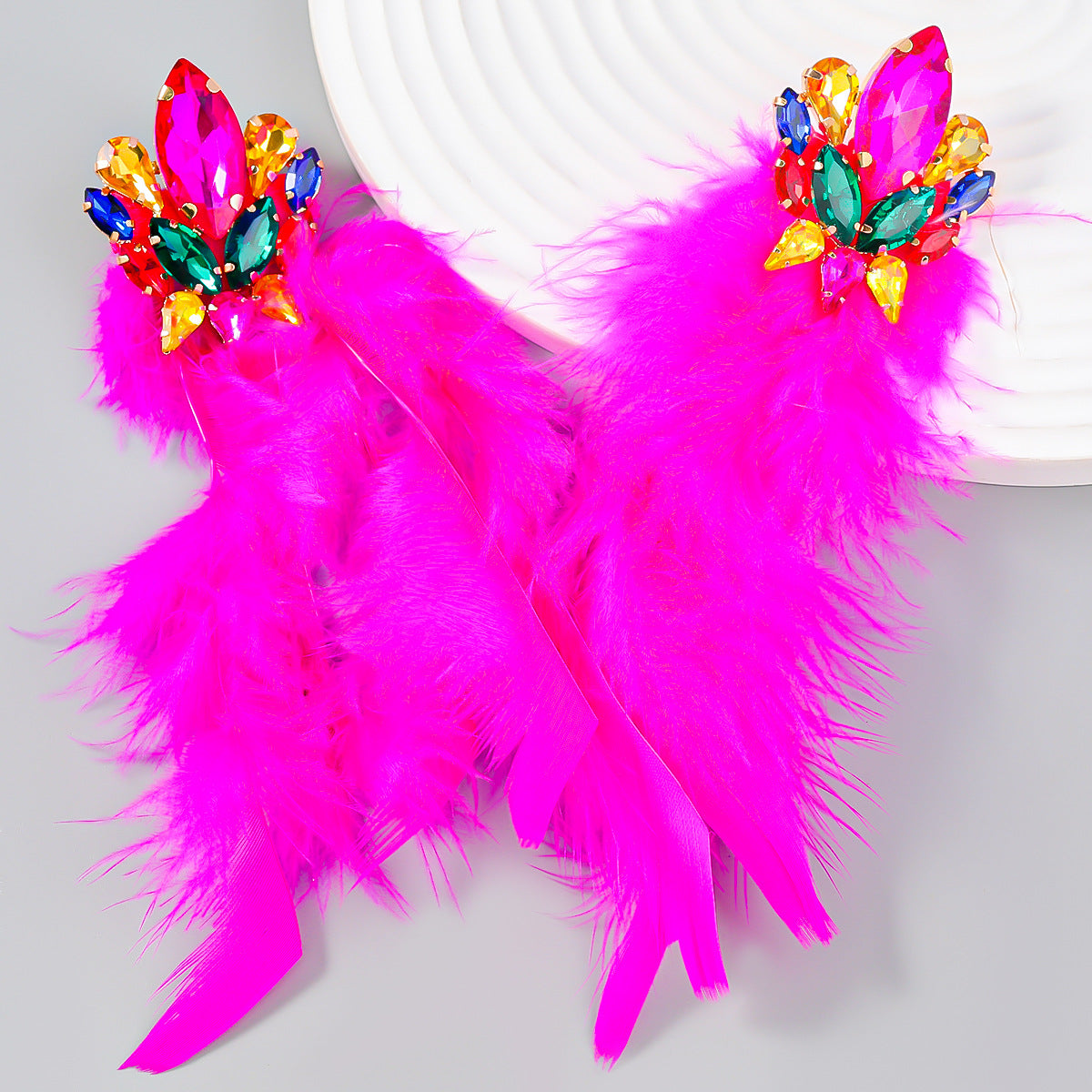 Boucles d'oreilles femme à pompon en plumes longues et fleur de diamant