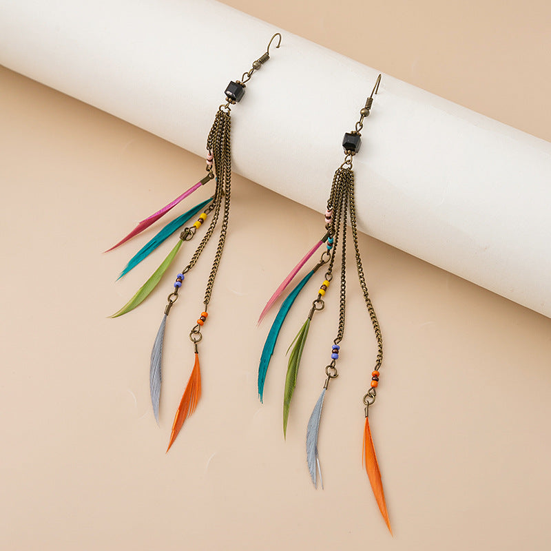 Women's Retro Ethnic Style Long Feather Tassel Earrings