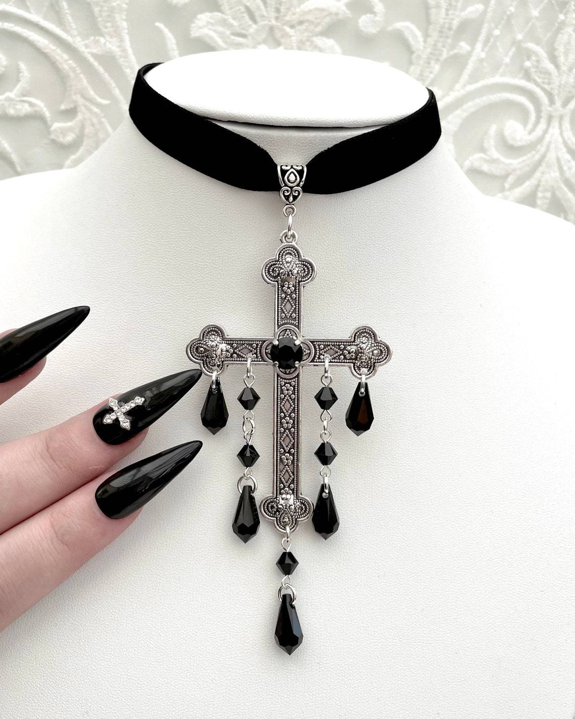 Big Cross Gothic Vampire Sier Pendant Necklaces