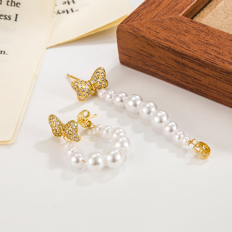 Women's Full Diamond Bow Pearl For Sweet Elegant Earrings