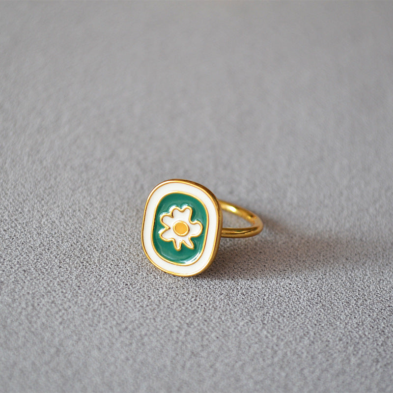 Niche Vintage Brass Gold-plated Handmade Enamel Drip Glazed Chamomile Rings