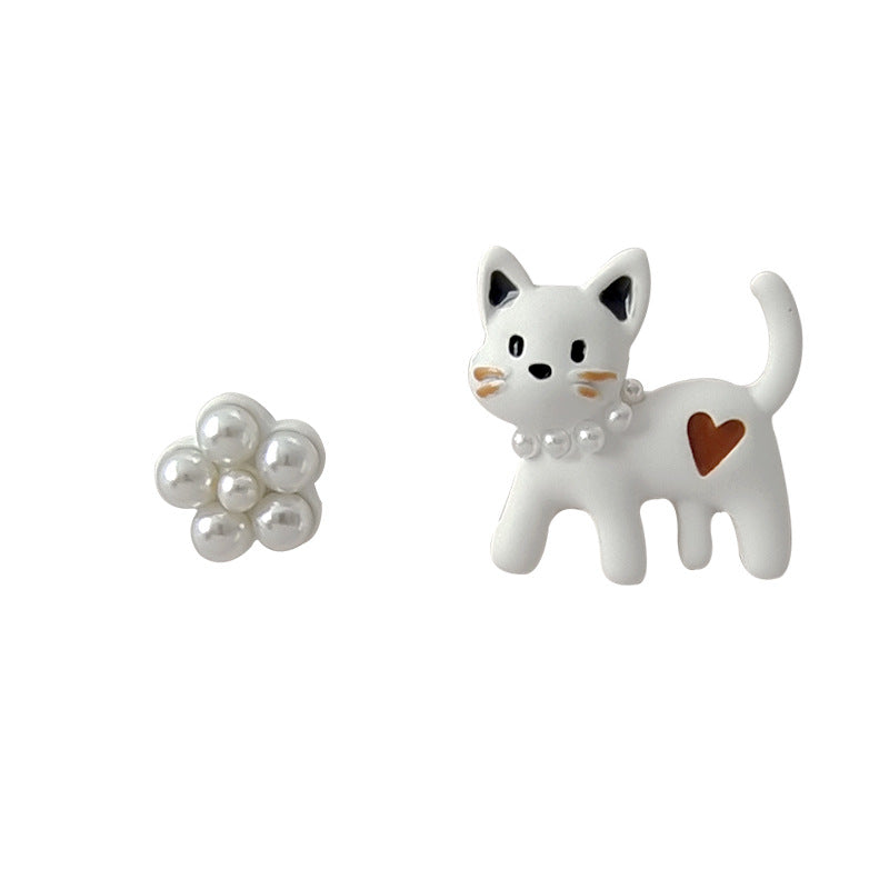 Sier Needle Asymmetric Flower Kitten Ear Cartoon Earrings