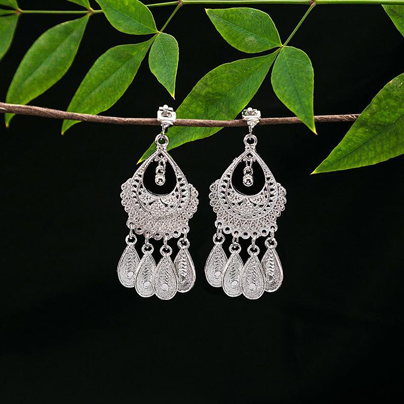 Women's Ethnic Geometric Tassel Ear Clip Miao Sier Retro Elegant Earrings