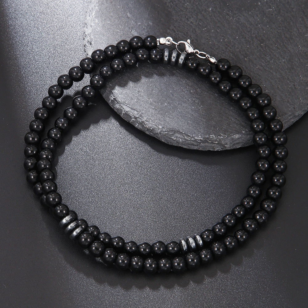 Black Frosted Volcanic Rock Beaded Bohemian Stainless Necklaces