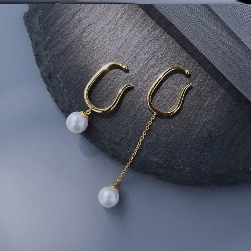 French Retro Painless Pearl Tassel Asymmetric Simple Ear Clip