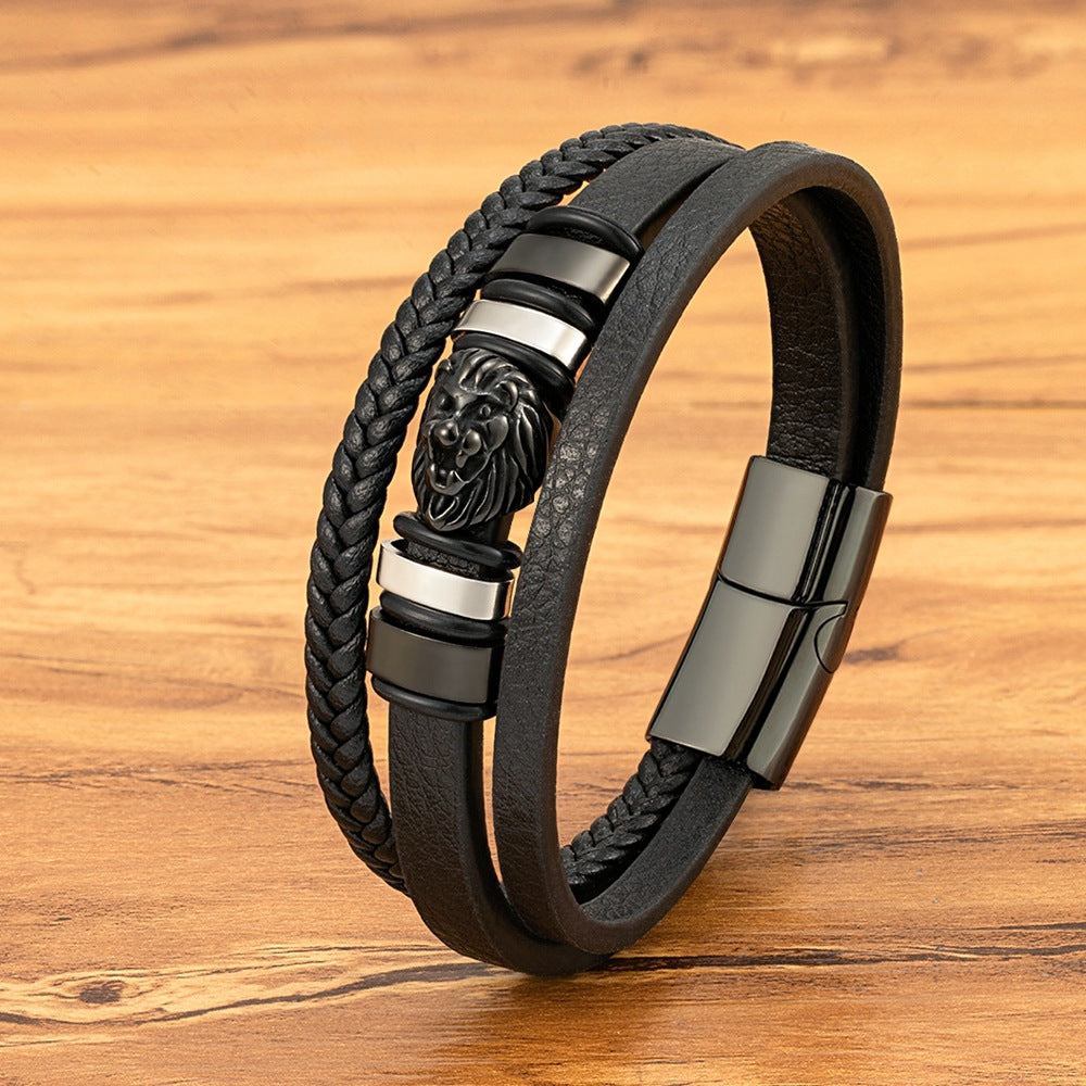 Men's Lion's Head Stainless Steel Authentic Leather Weave Bracelet