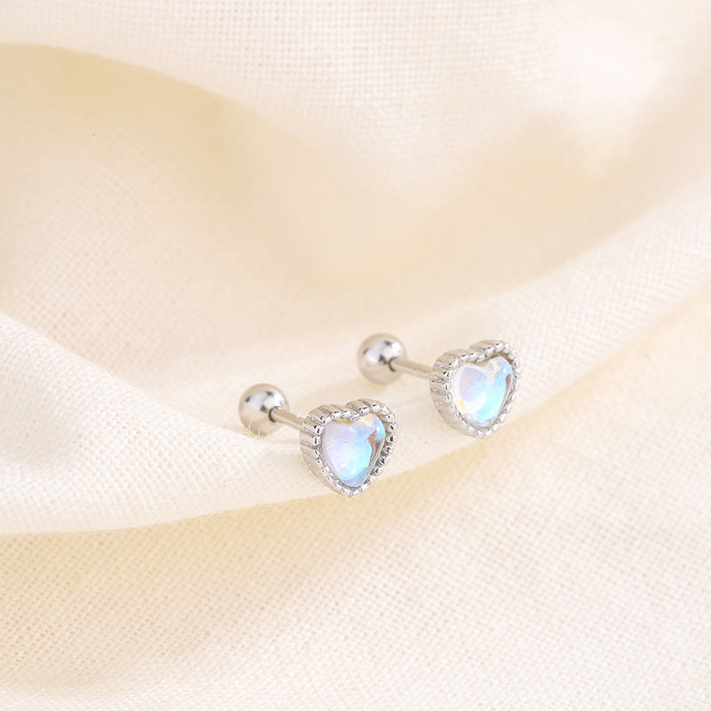 Screw Twist Ear Heart-shaped Moonstone Tightening Stud Earrings