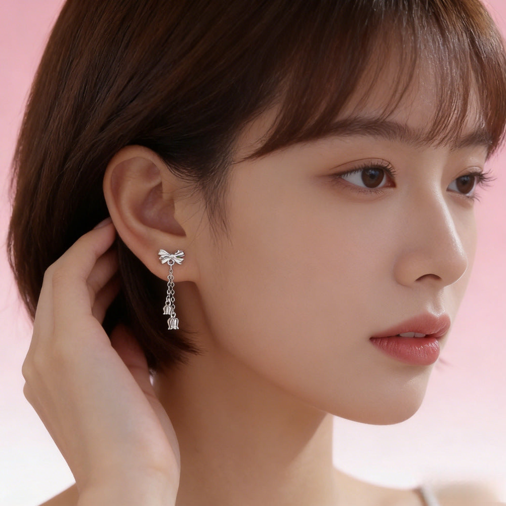 Korean Style Fresh Bow Tassel Design Thread Tightening Stud Earrings