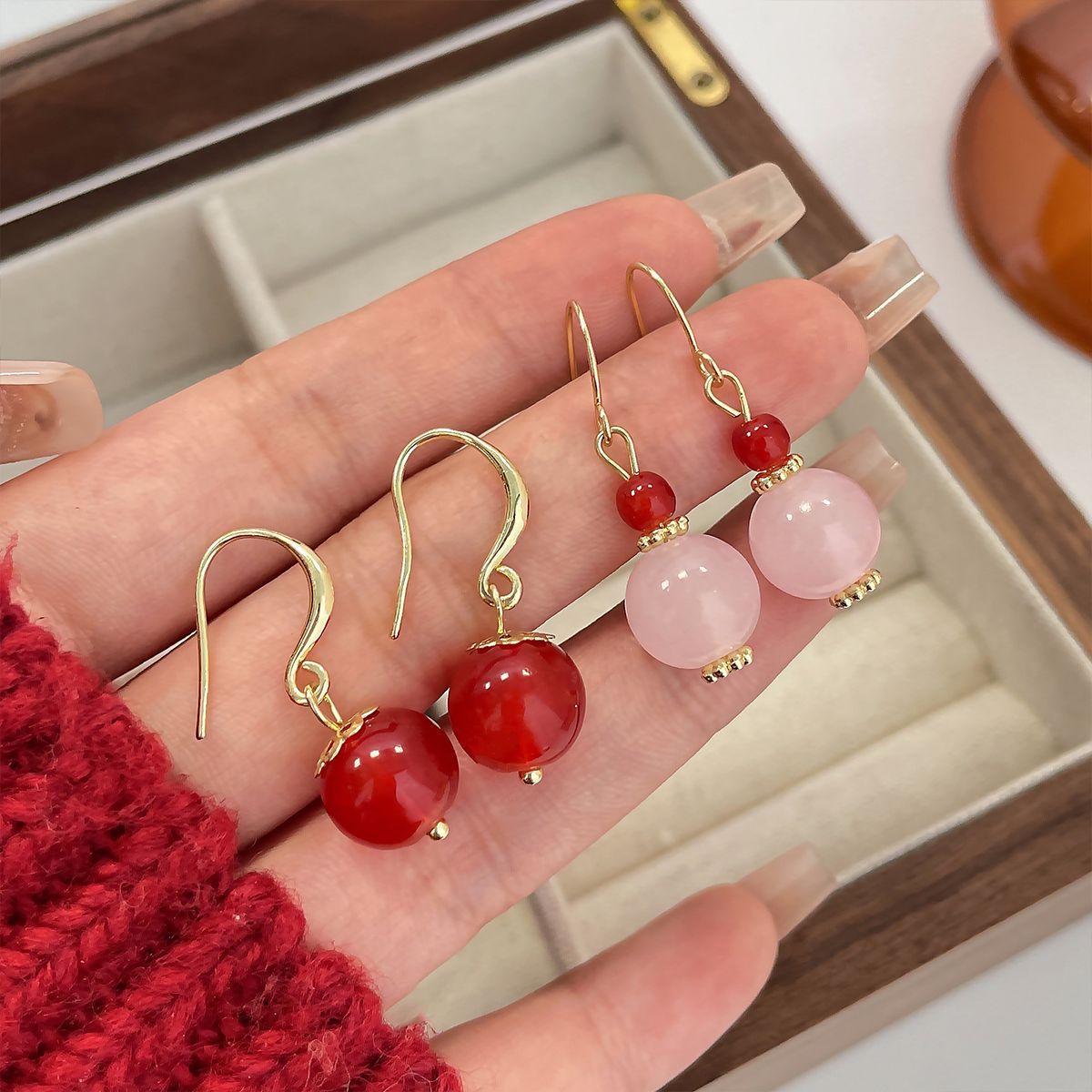 Temperament Red Jade Ear Hook Female Retro Festive Earrings