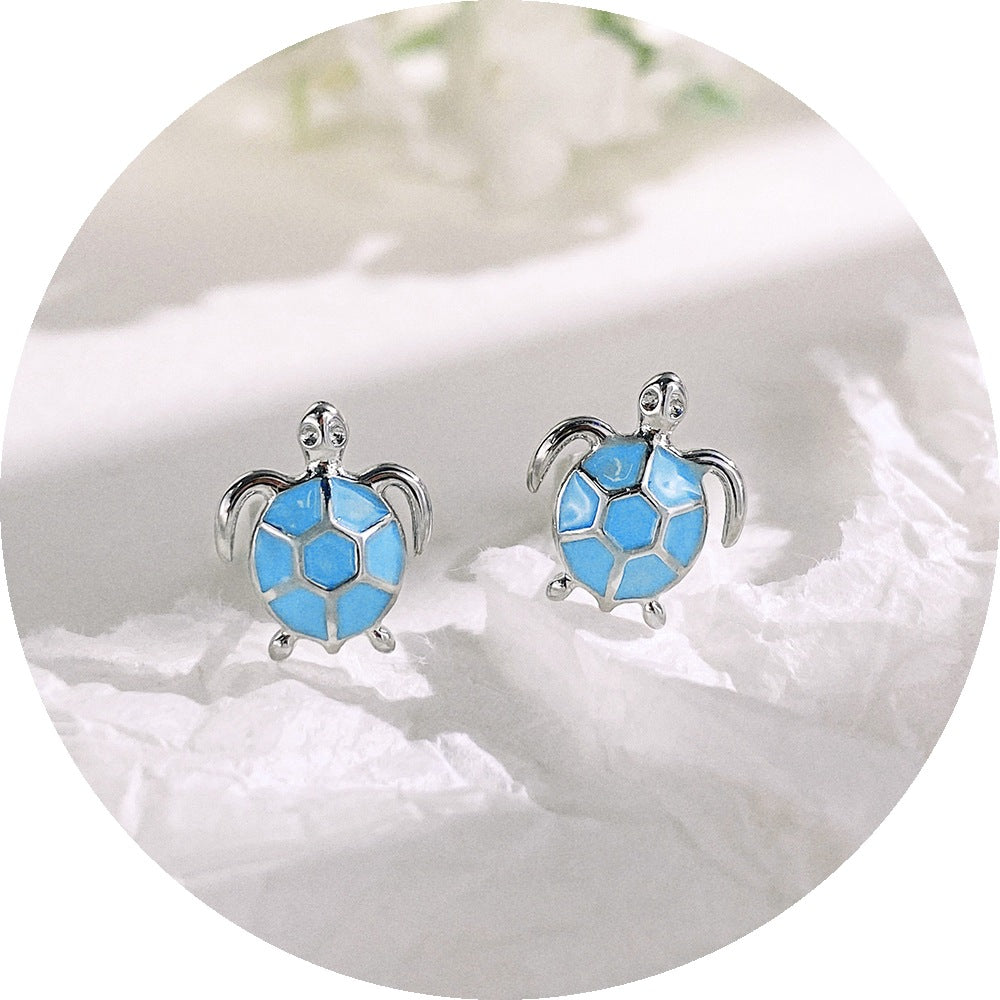 Sier Shi Cute Blue Turtle Ear Dripping Oil Earrings