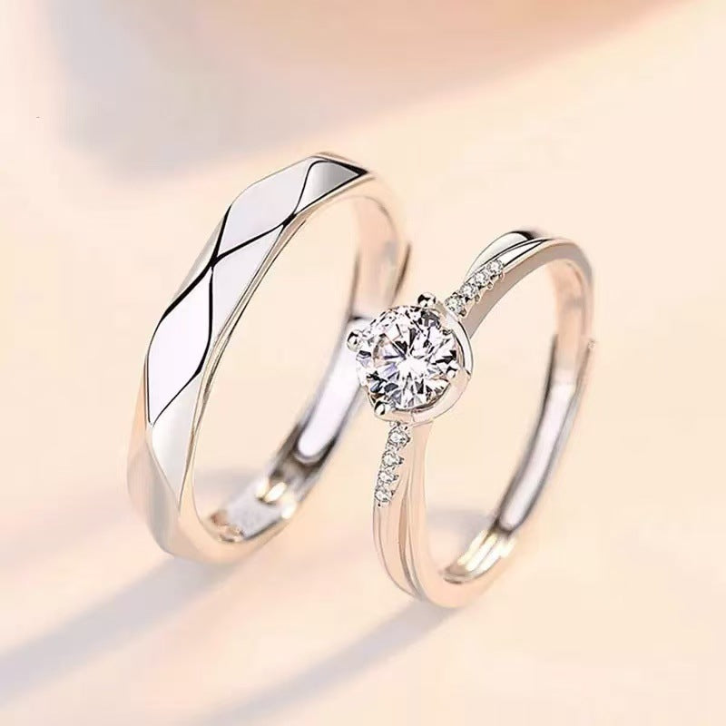 Women's & Men's Classic True Love Sier-plated Couple Rhombus Pair Open Mouth Proposal Ring