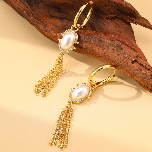 Inlaid Pearl Tassel Ear Clip High Sense Special Interest Light Earrings