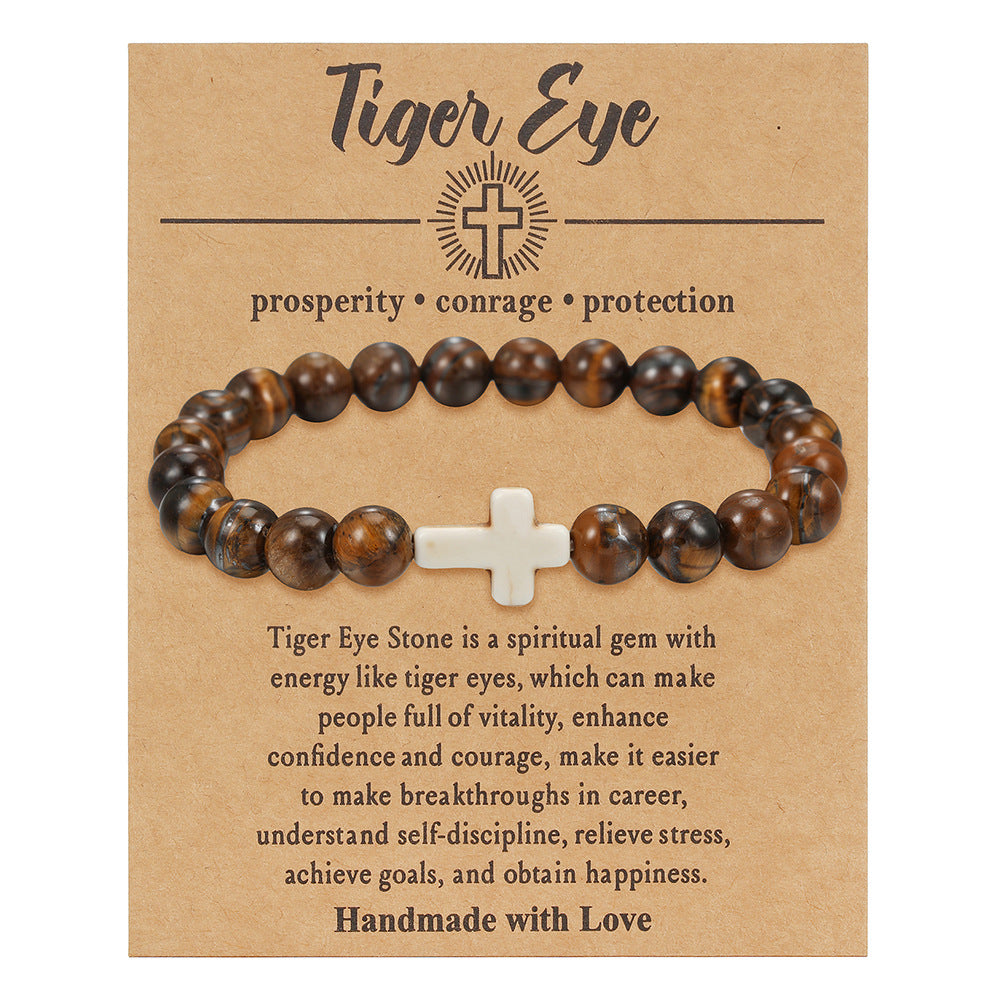 Cross Natural Stone Beaded Tigereye Volcanic Rock Adjustable Bracelet