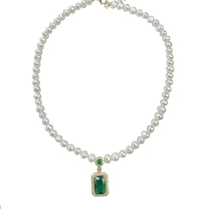 Women's Pearl Summer Clavicle Chain Simple Green Zircon Pendant High-grade Necklaces