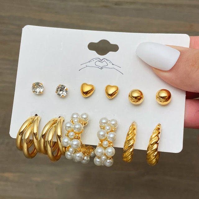 Vintage Pearl Metal Gold Heart Butterfly Geometric Rings