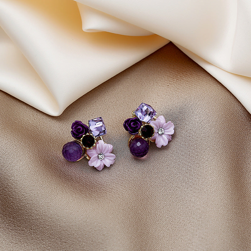 Boucles d'oreilles féeriques en cristal opale et diamant violet, aiguille, fleur