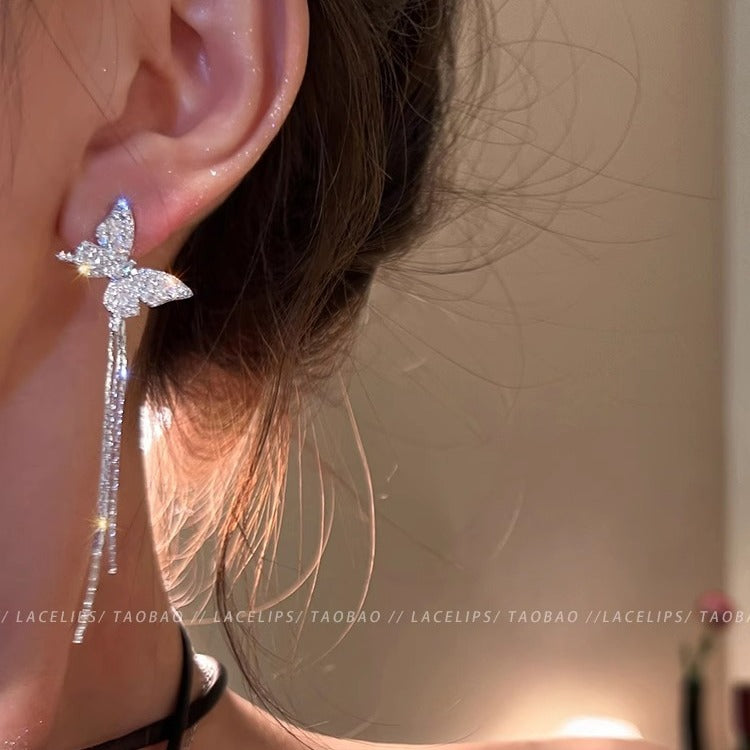 Ice Butterfly Dancing Asymmetric Tassel Female Earrings