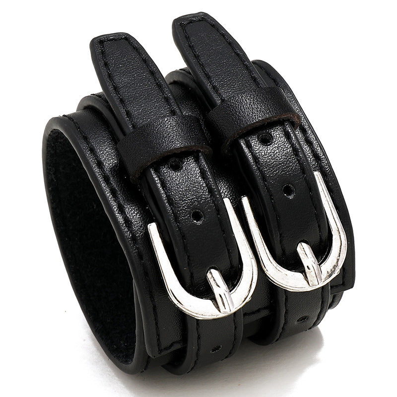 Bracelets doubles larges simples en cuir de personnalité punk pour hommes