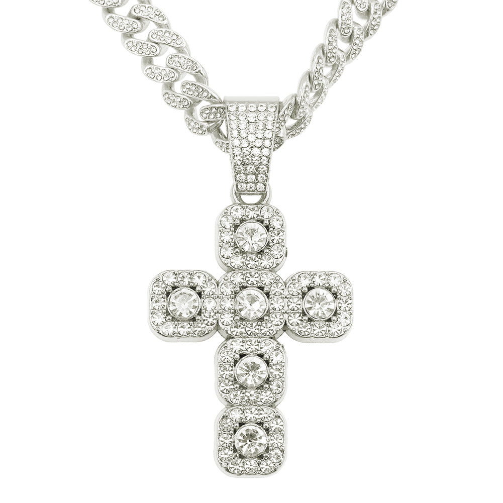 Men's Hop Full Diamond Cross Pendant Cuban Link Chain Necklaces