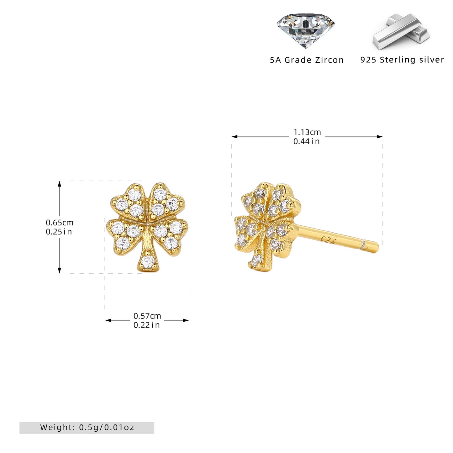 Sier Simple Small Micro Inlaid Stone Four Leaf Clover Ear Stud Earrings