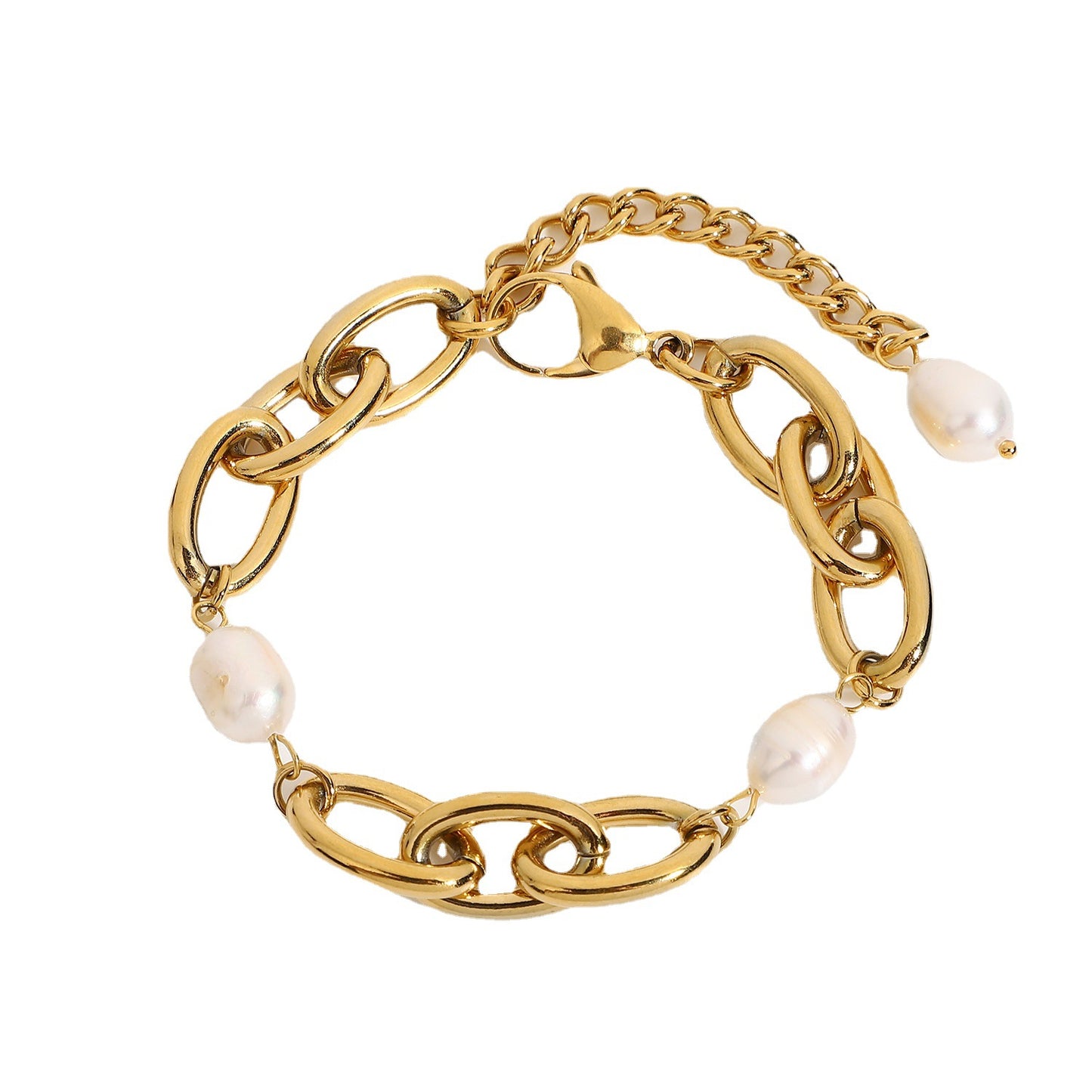 Women's Gold Plated Stainless Steel Pearl Oval Chain Short Bracelets