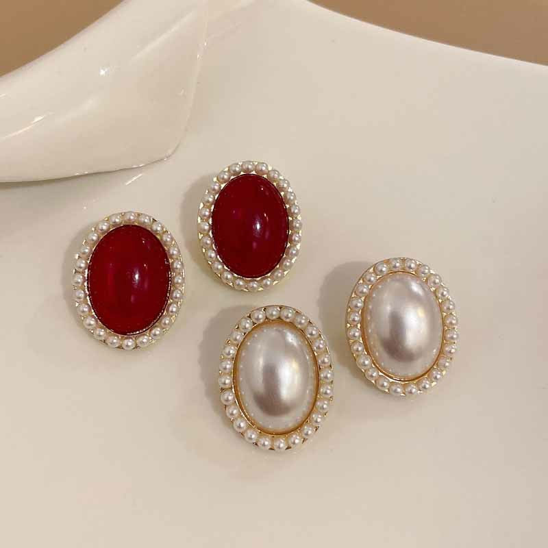 Women's Needle Retro Style Red Oval Pearl Earrings