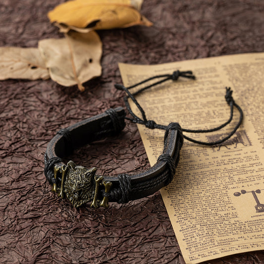 Bracelets en cuir rétro tête de loup, personnalité en Bronze