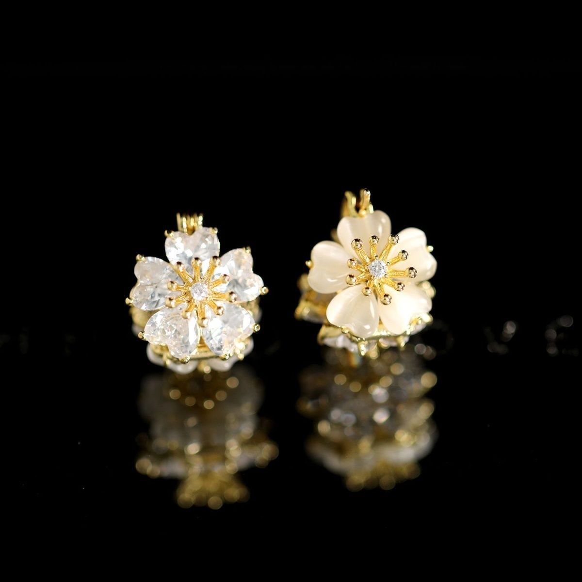 Hate Lotus Pond Moonlight Flower Fashion Double-sided Opal Ear Stud Earrings