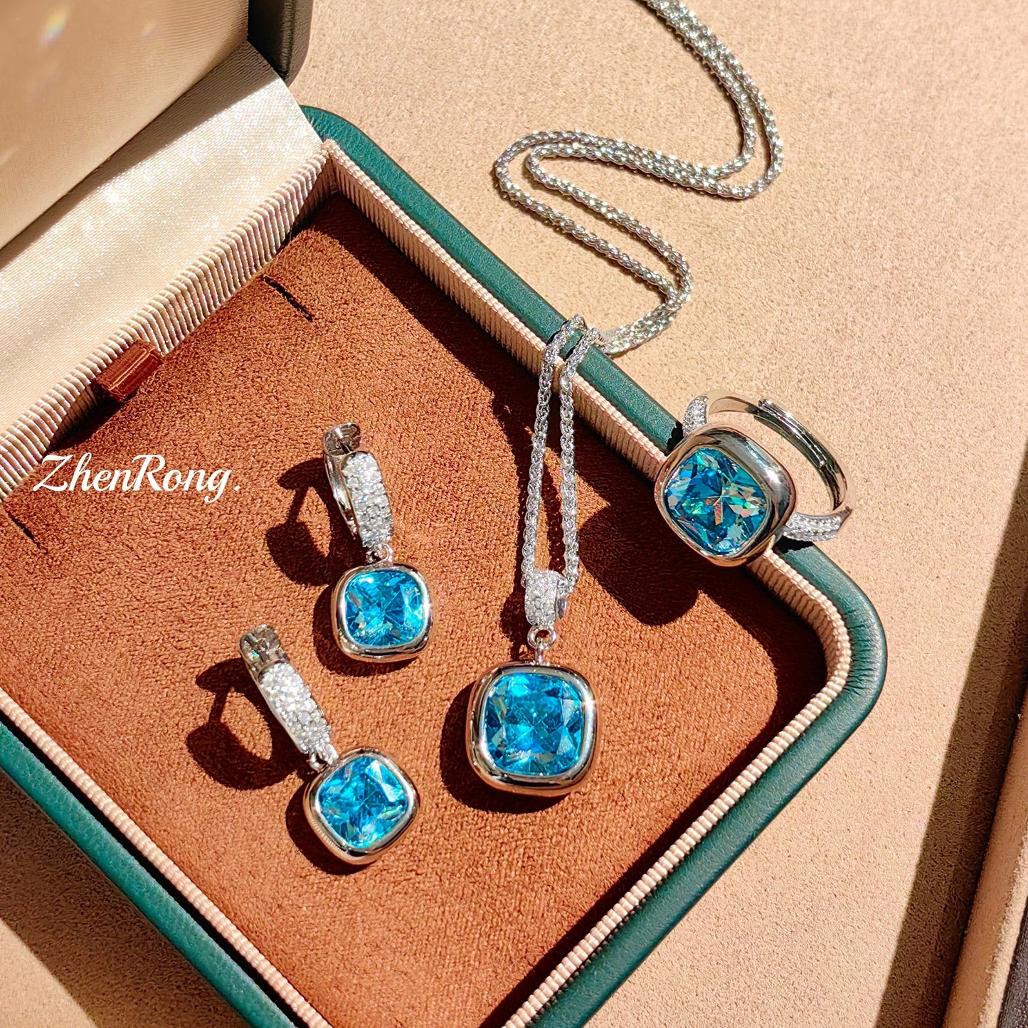 Women's Luxury French Small Square Sugar Cube Ear Aquamarine Plump Rose-red Jewelry Set